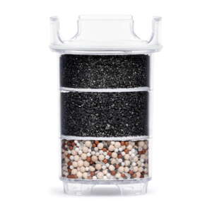Cross-section of a Lotus Vita ENYA water filter cartridge, revealing its multi-layer system of activated carbon and mineral stones for water purification.